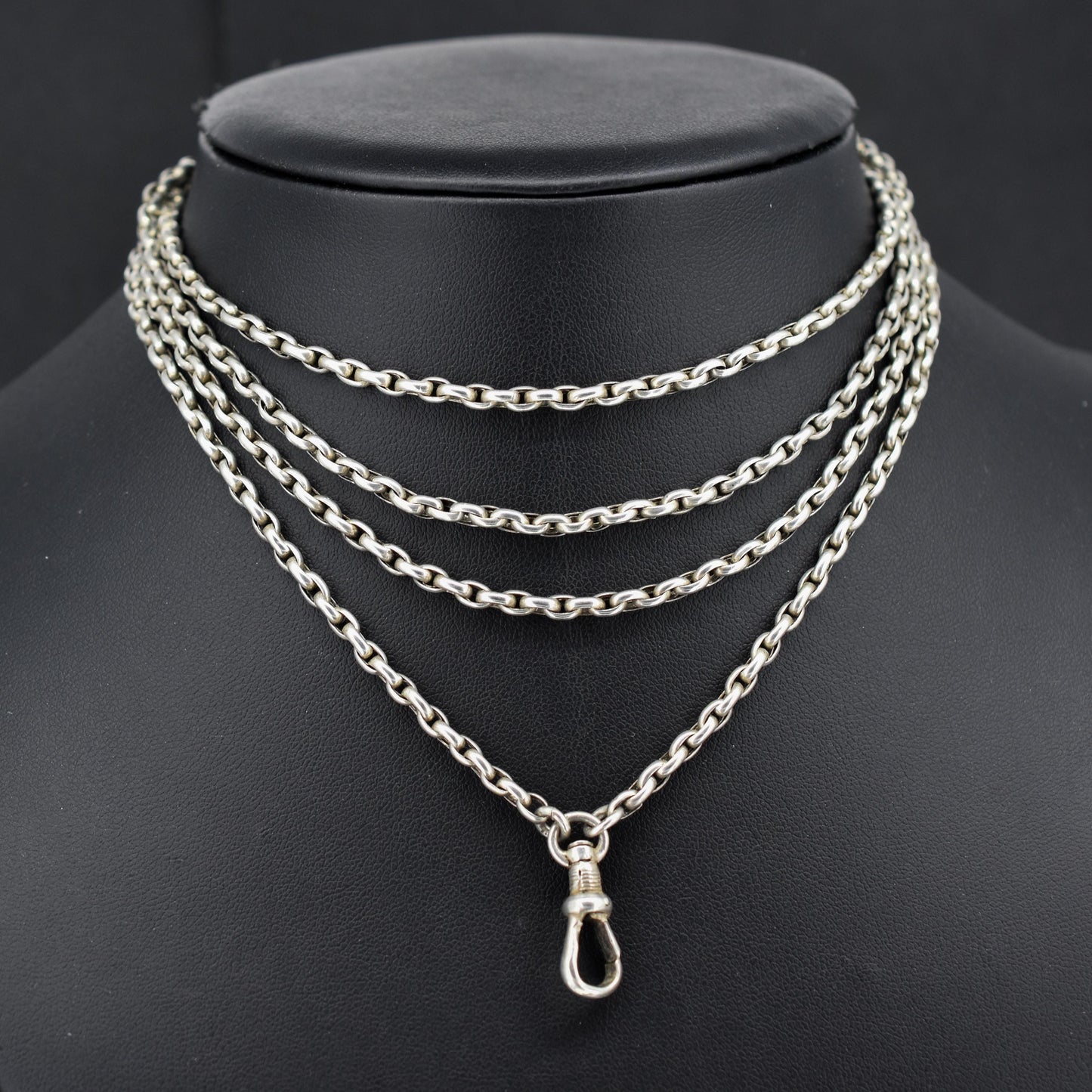 Antique Silver Long Guard Chain Necklace with Dog Clip | 52" Length