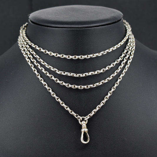 Antique Silver Long Guard Chain Necklace with Dog Clip | 52" Length
