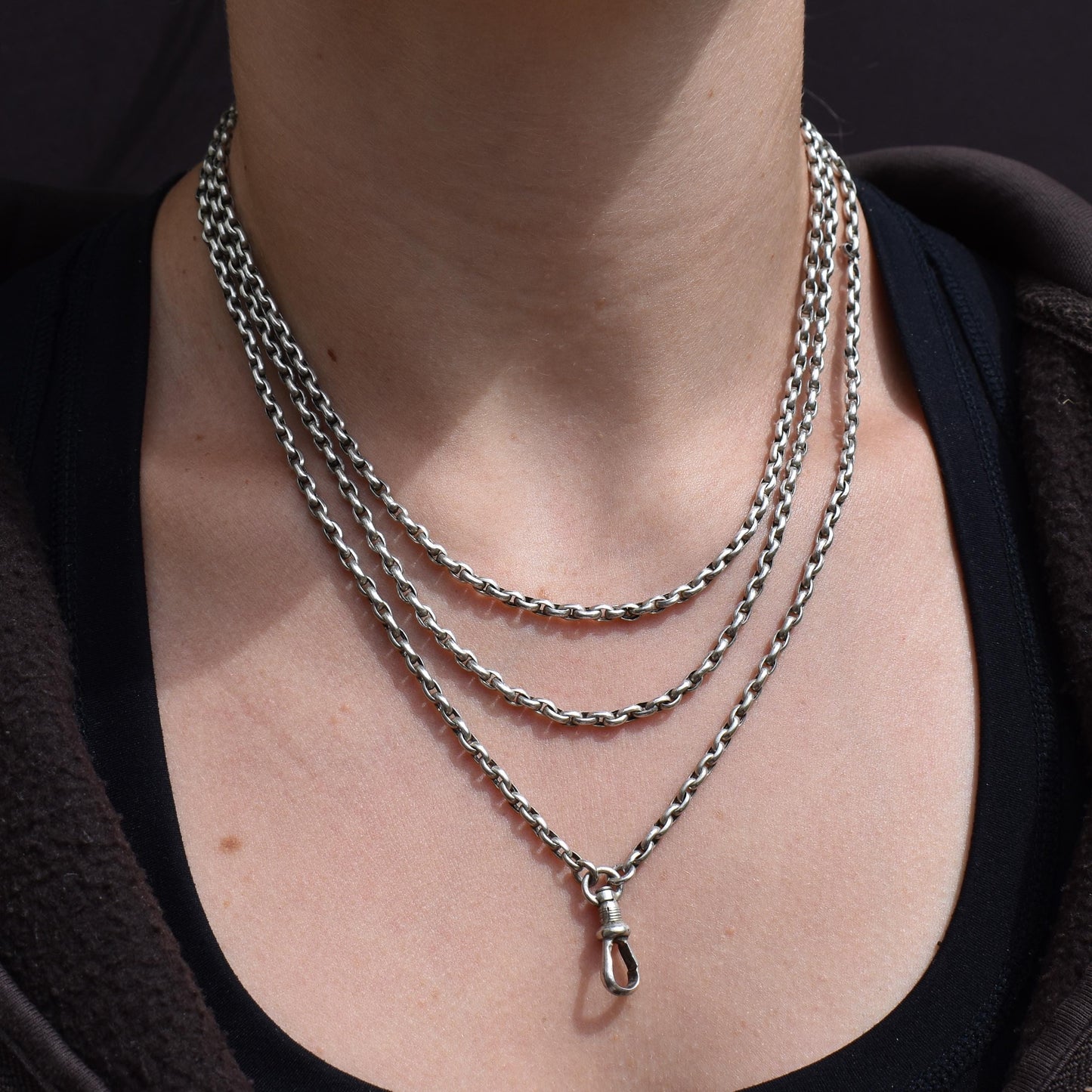 Antique Silver Long Guard Chain Necklace with Dog Clip | 52" Length