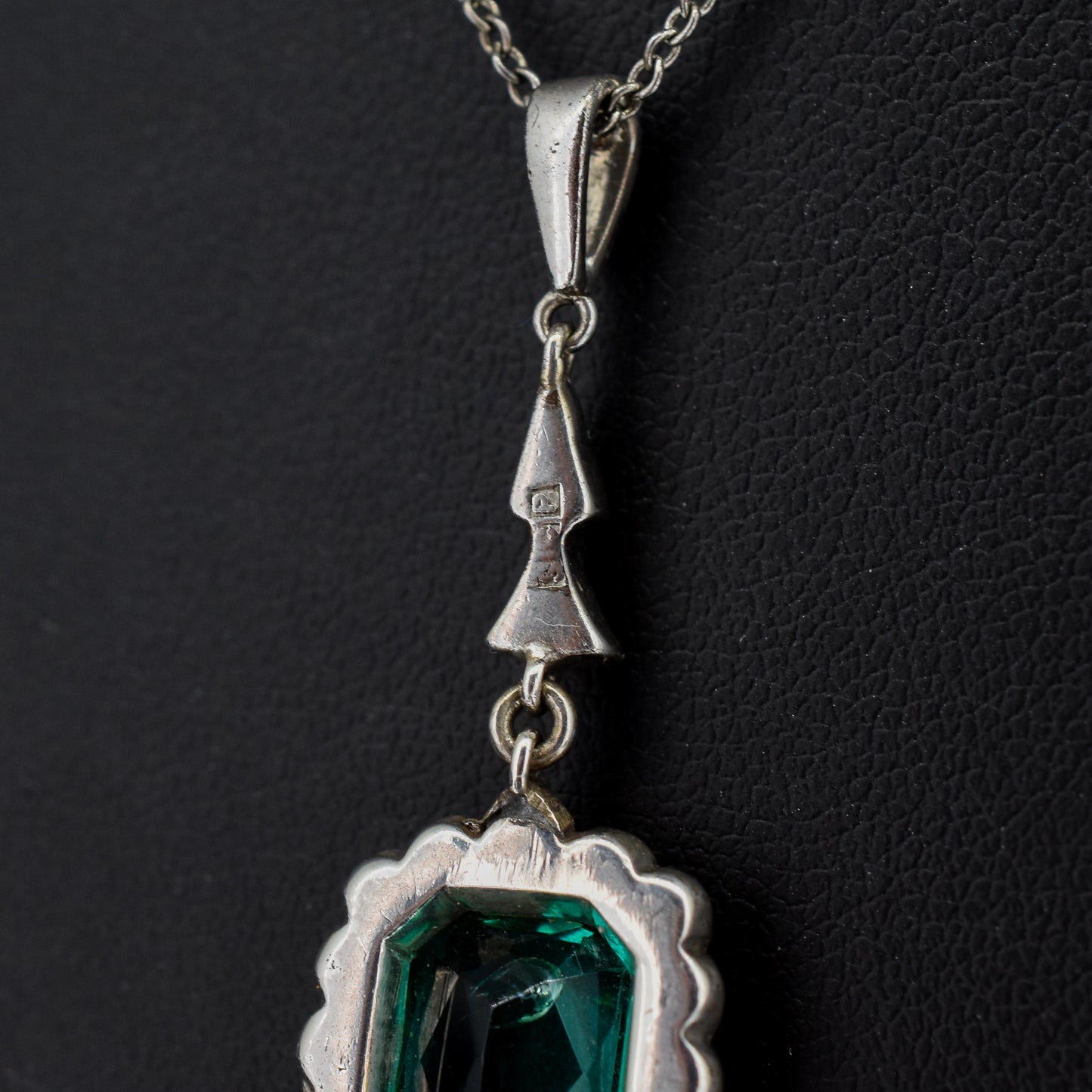 Antique Emerald Cut Paste Silver Pendant and Chain Necklace | 15.5"