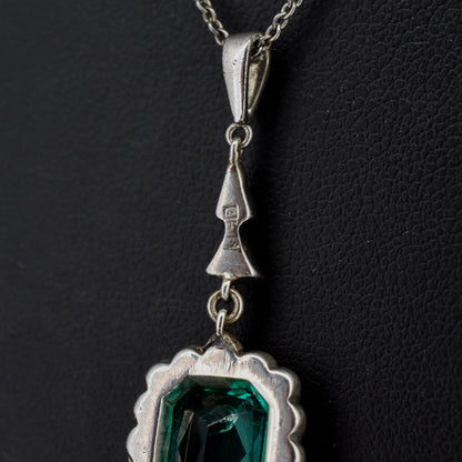 Antique Emerald Cut Paste Silver Pendant and Chain Necklace | 15.5"