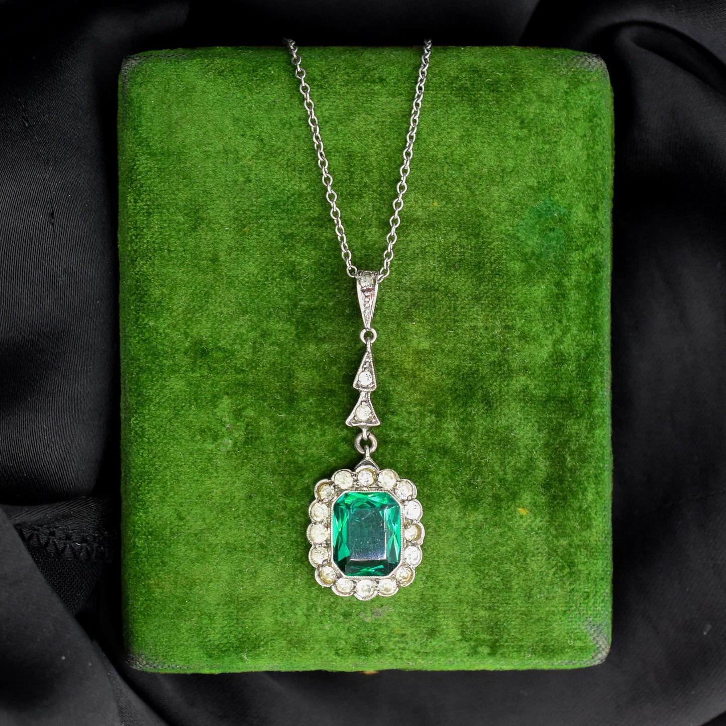 Antique Emerald Cut Paste Silver Pendant and Chain Necklace | 15.5"