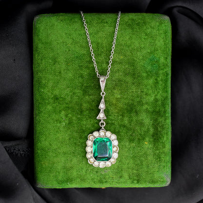 Antique Emerald Cut Paste Silver Pendant and Chain Necklace | 15.5"