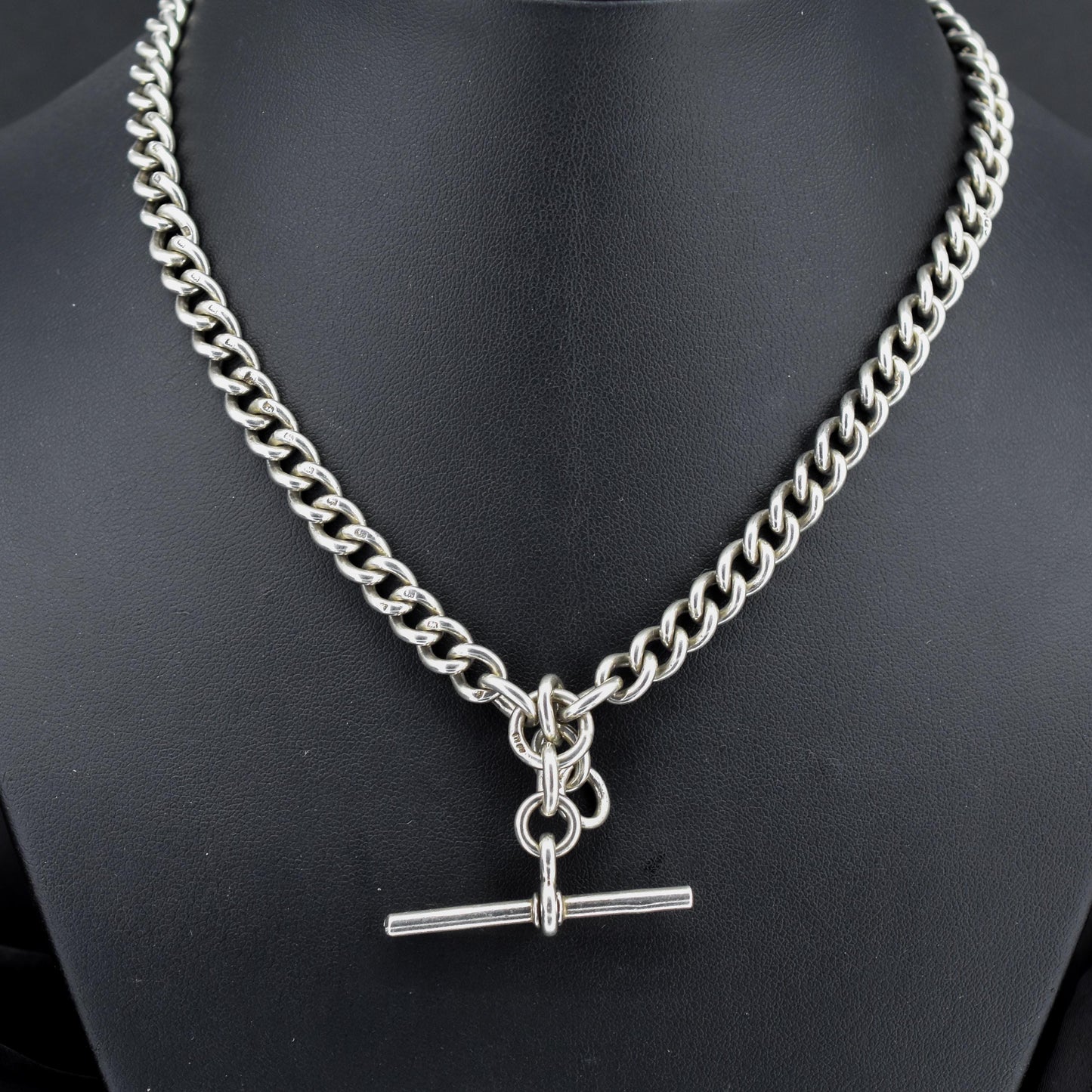 Antique '1919' Sterling Silver Uniform Curb Link Albert Watch Chain Necklace – 16"