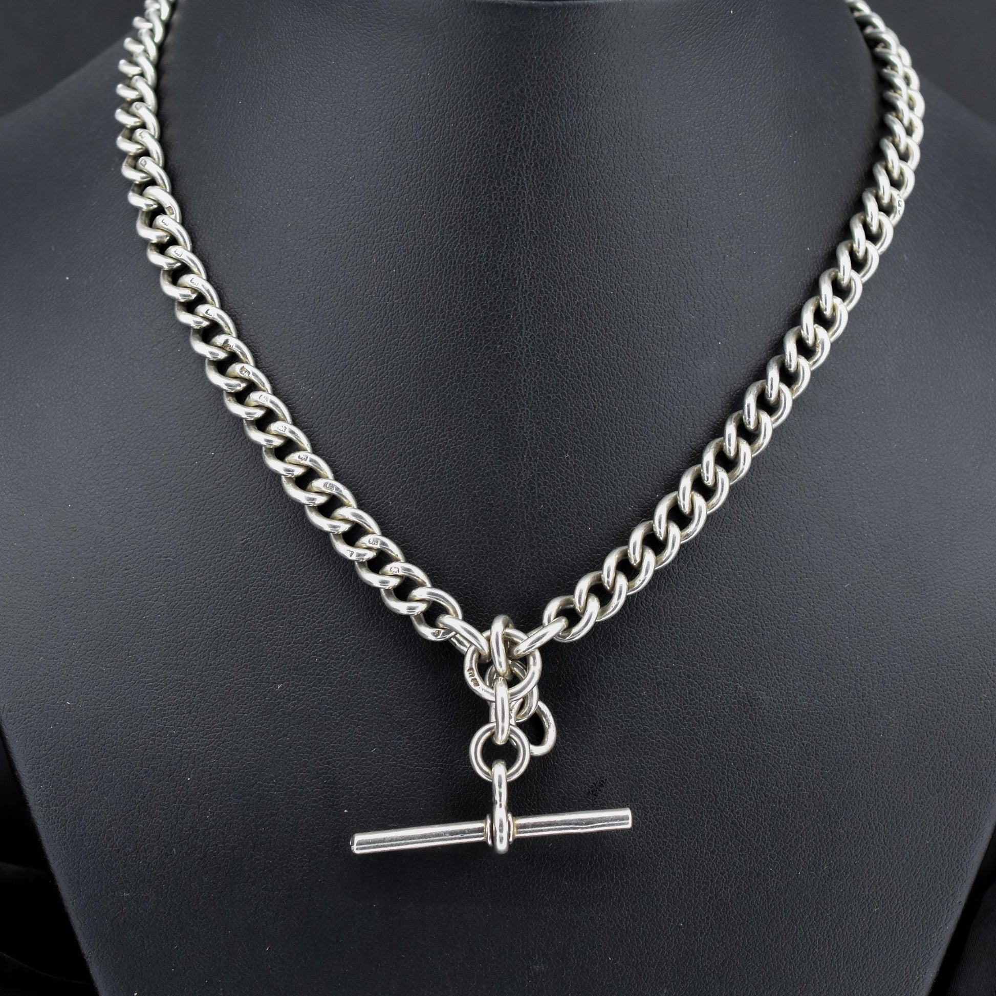 Antique '1919' Sterling Silver Uniform Curb Link Albert Watch Chain Necklace – 16"