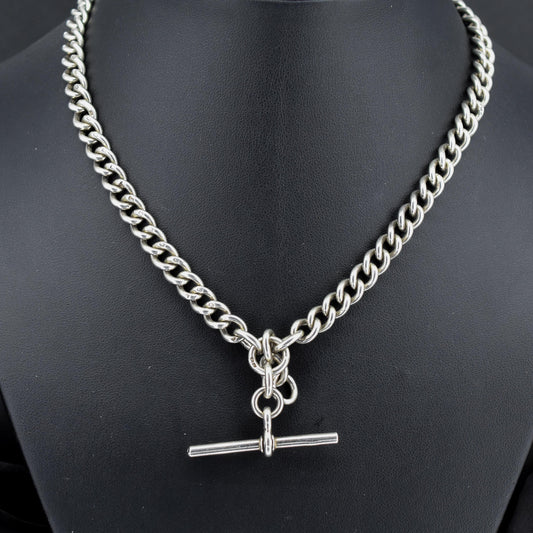 Antique '1919' Sterling Silver Uniform Curb Link Albert Watch Chain Necklace – 16"