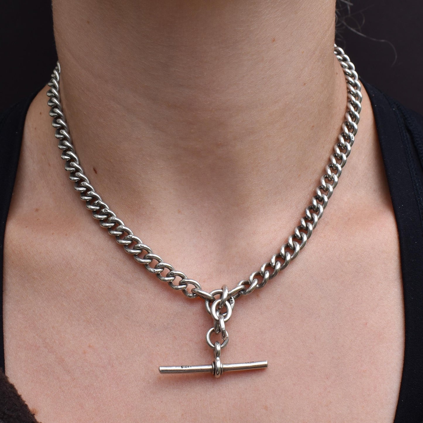 Antique '1919' Sterling Silver Uniform Curb Link Albert Watch Chain Necklace – 16"