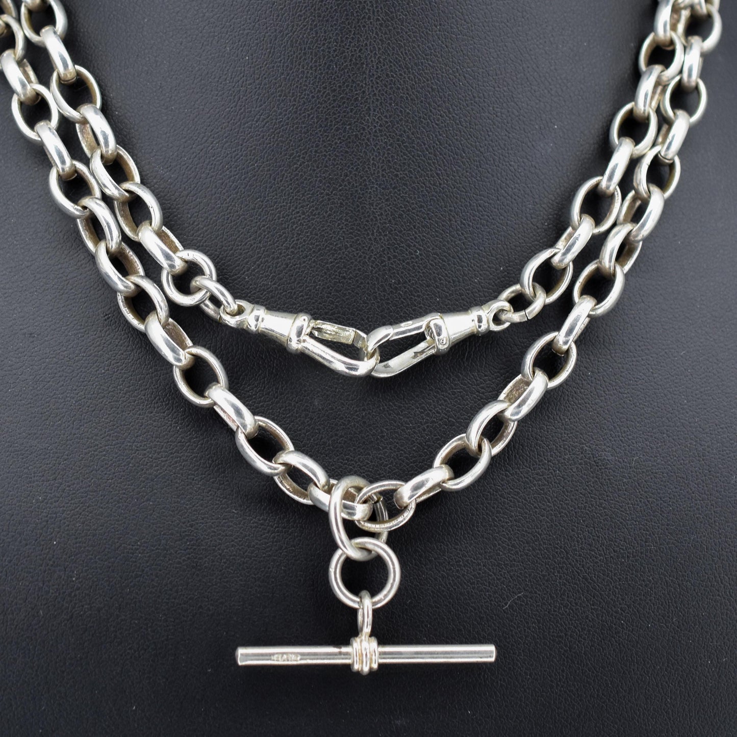 Vintage Sterling Silver Oval Cable Link Chain Necklace with T-Bar and Dog Clips – 32.25"