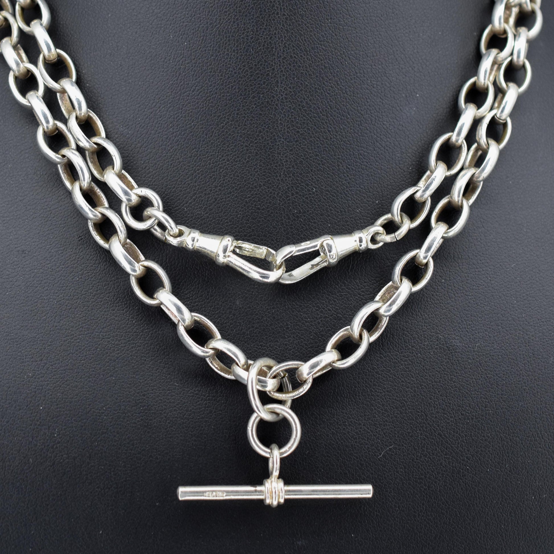 Vintage Sterling Silver Oval Cable Link Chain Necklace with T-Bar and Dog Clips – 32.25"