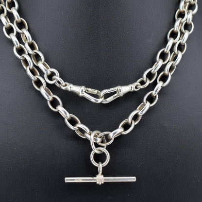 Vintage Sterling Silver Oval Cable Link Chain Necklace with T-Bar and Dog Clips – 32.25"