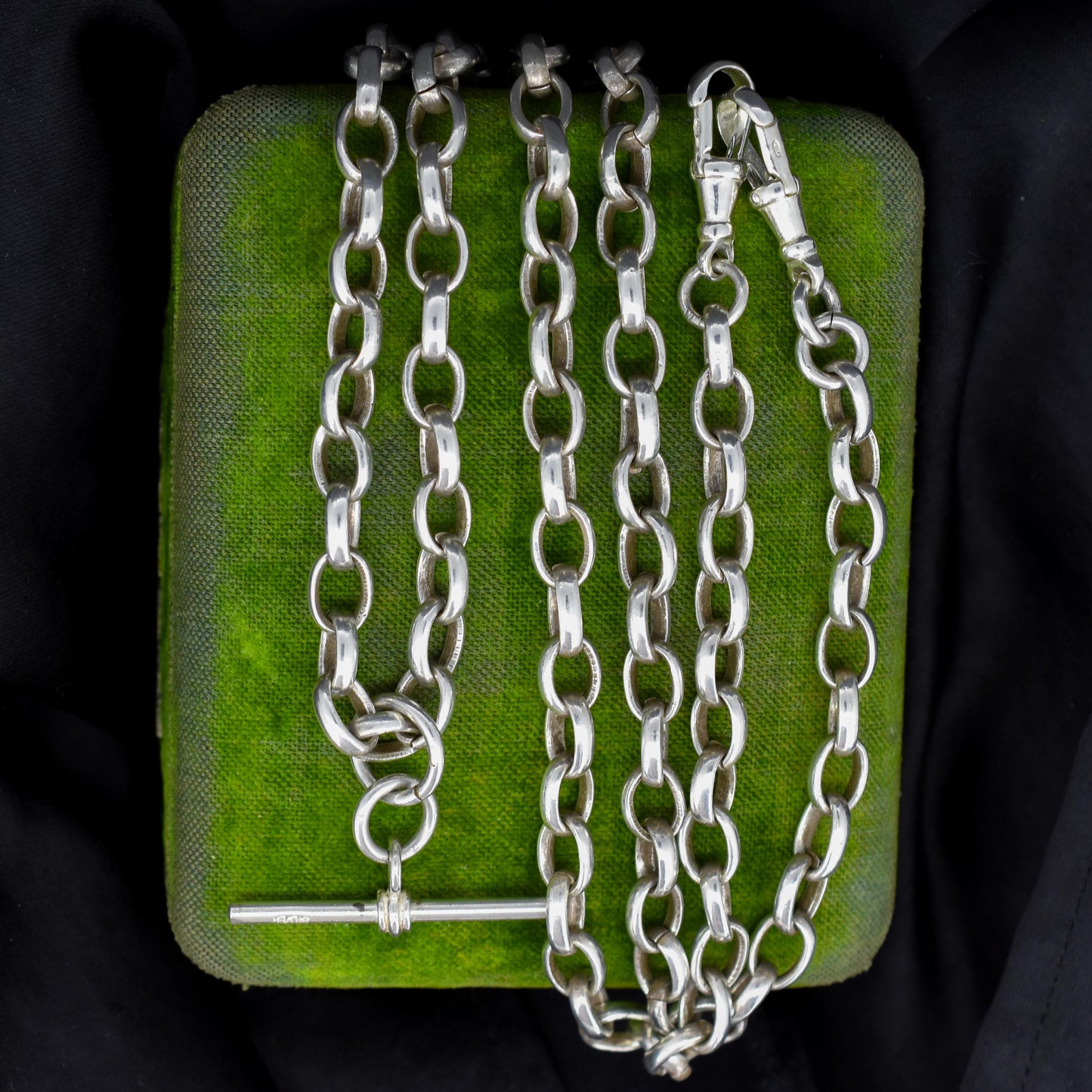 Vintage Sterling Silver Oval Cable Link Chain Necklace with T-Bar and Dog Clips – 32.25"