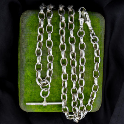 Vintage Sterling Silver Oval Cable Link Chain Necklace with T-Bar and Dog Clips – 32.25"