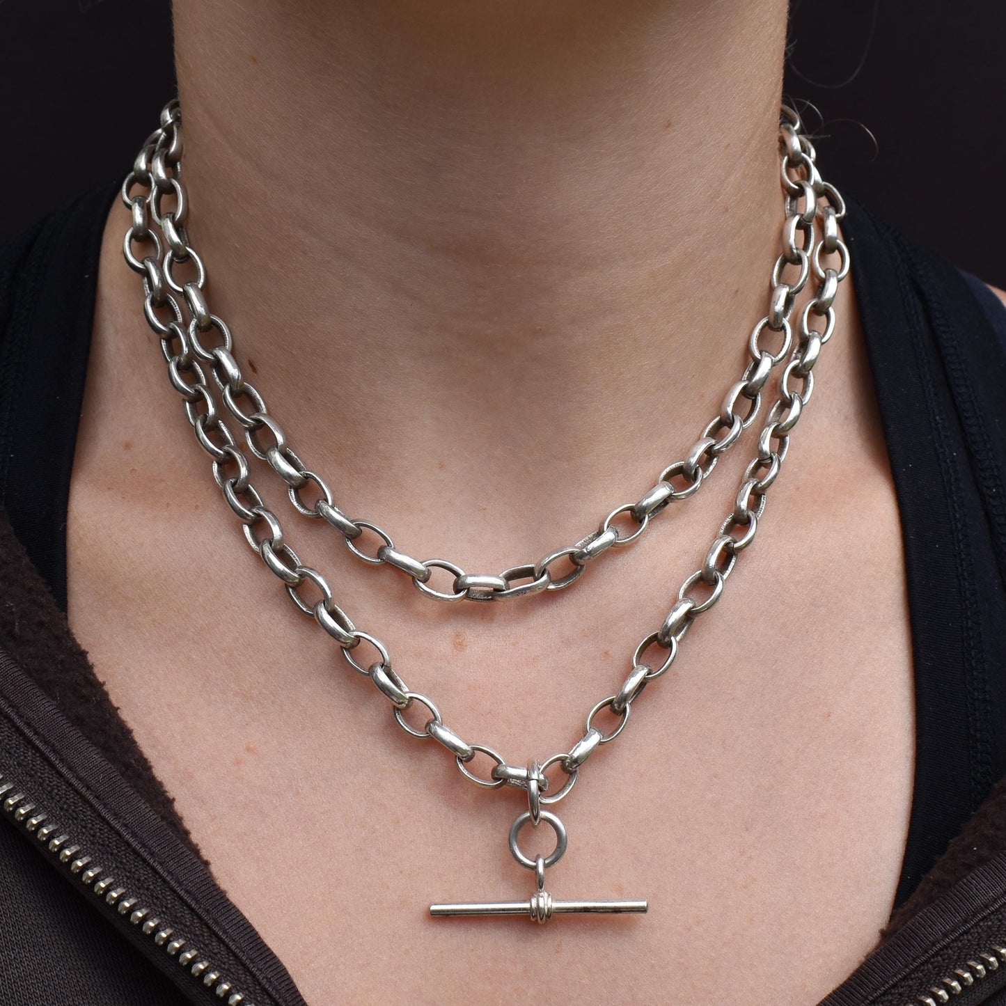 Vintage Sterling Silver Oval Cable Link Chain Necklace with T-Bar and Dog Clips – 32.25"