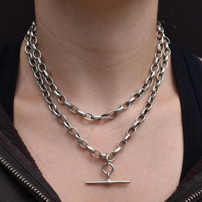 Vintage Sterling Silver Oval Cable Link Chain Necklace with T-Bar and Dog Clips – 32.25"