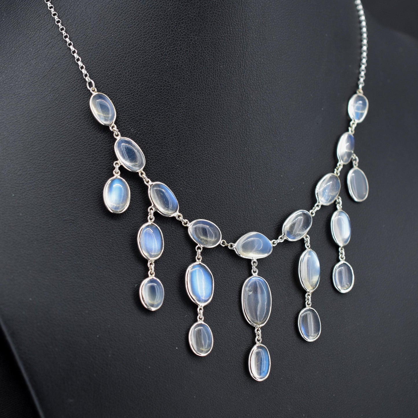 Antique Moonstone Silver Drop Fringe Festoon Necklace | 15.25"