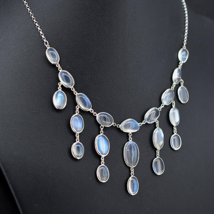 Antique Moonstone Silver Drop Fringe Festoon Necklace | 15.25"
