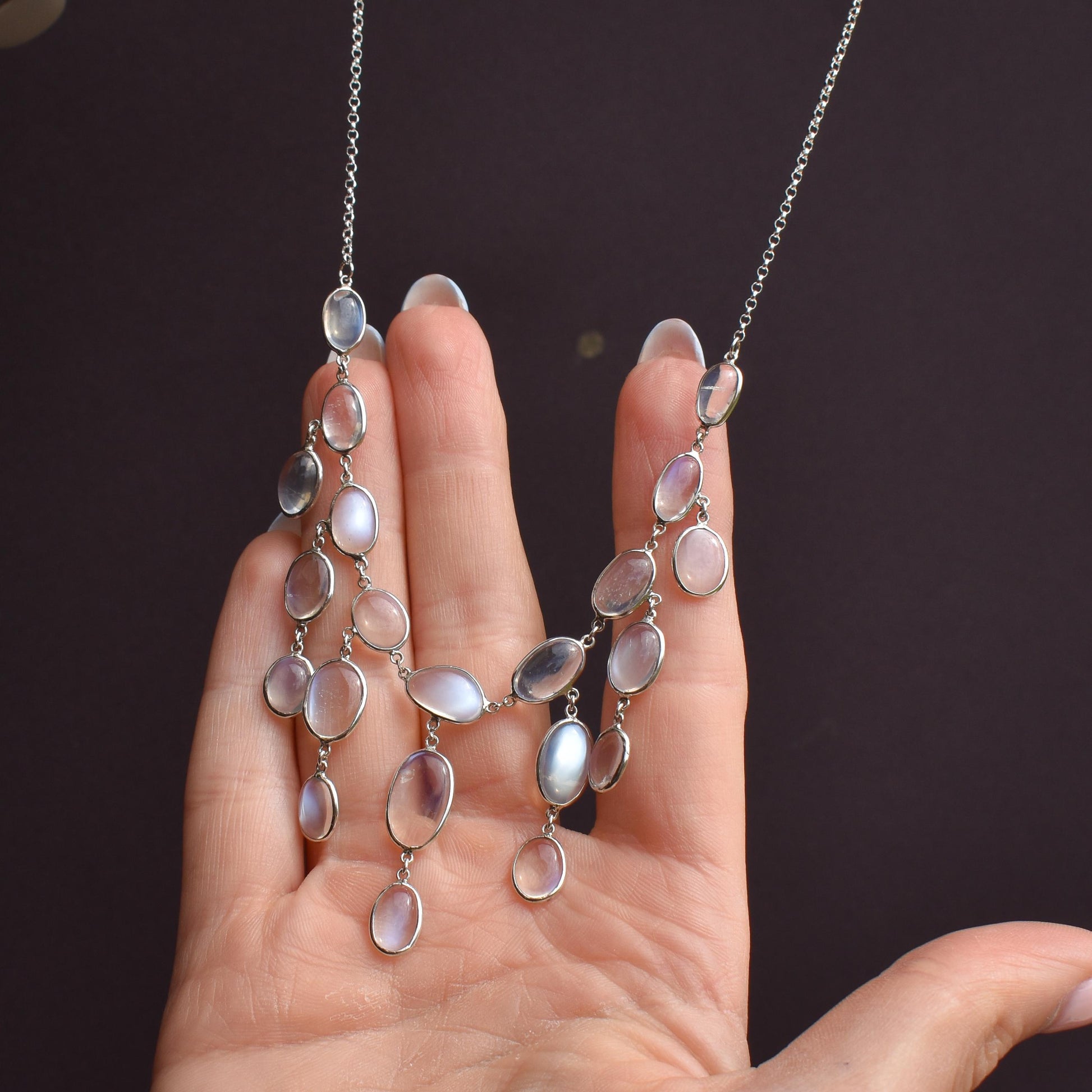 Antique Moonstone Silver Drop Fringe Festoon Necklace | 15.25"