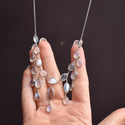 Antique Moonstone Silver Drop Fringe Festoon Necklace | 15.25"
