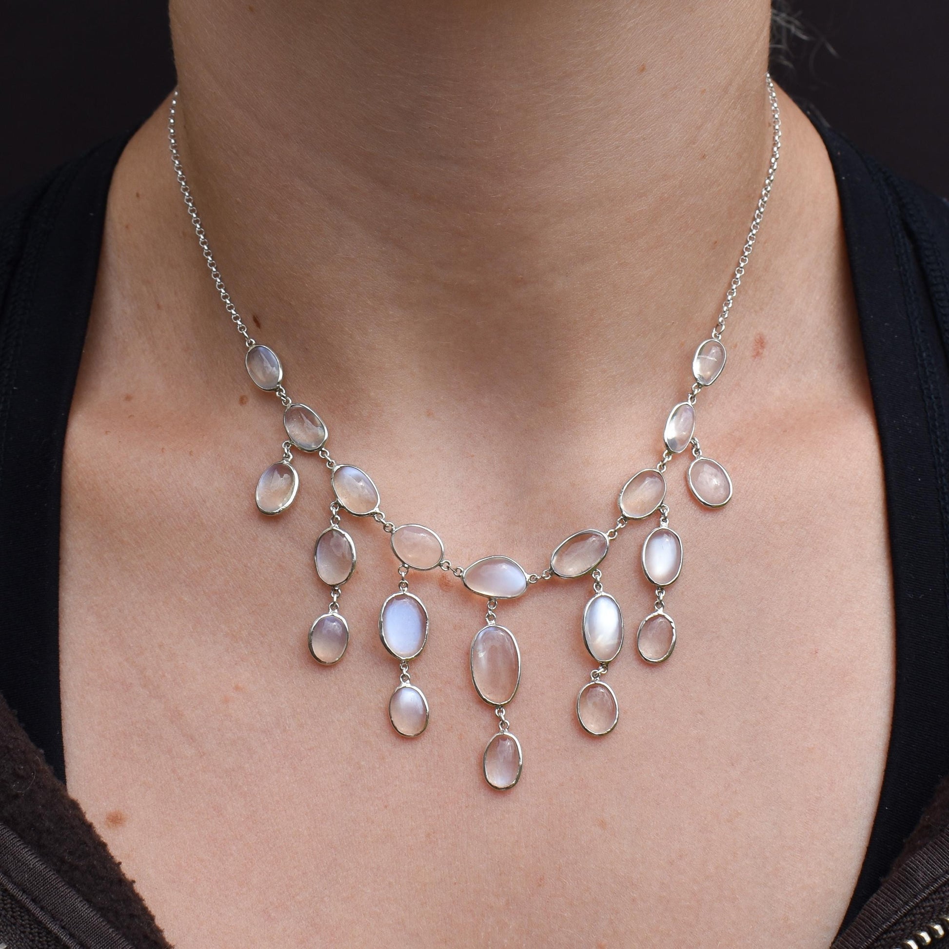 Antique Moonstone Silver Drop Fringe Festoon Necklace | 15.25"
