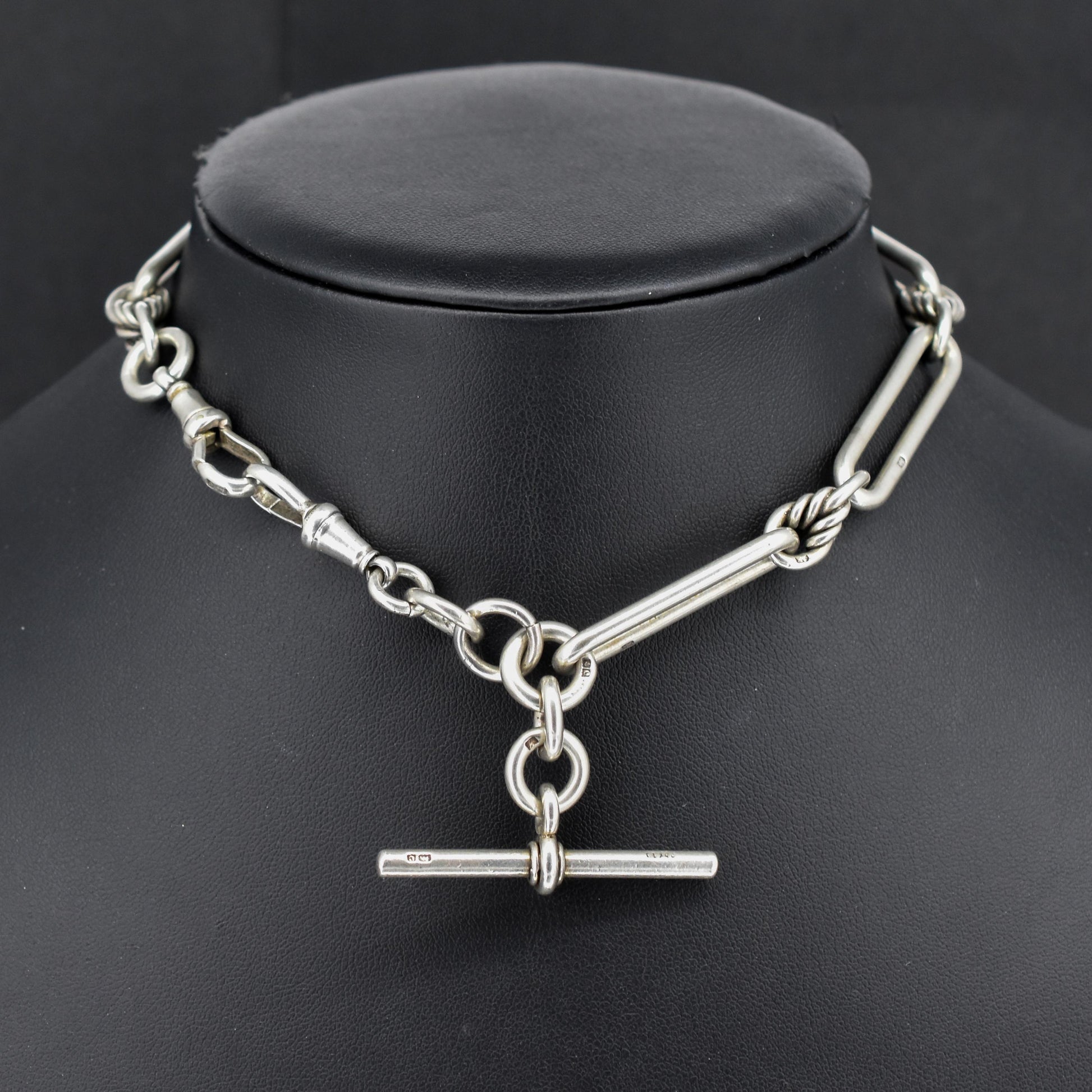 Antique '1902' Sterling Silver Trombone Love Knot Watch Chain | 13"