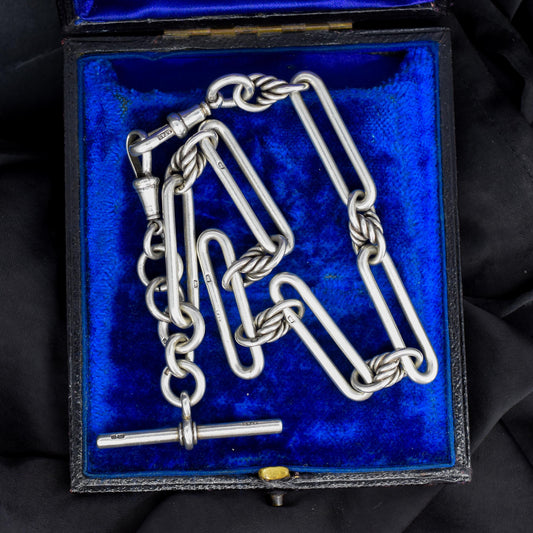 Antique '1902' Sterling Silver Trombone Love Knot Watch Chain | 13"