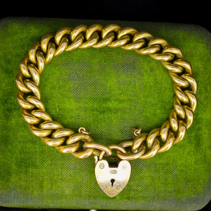 Antique Heart Padlock Curb Link Rolled Gold Bracelet