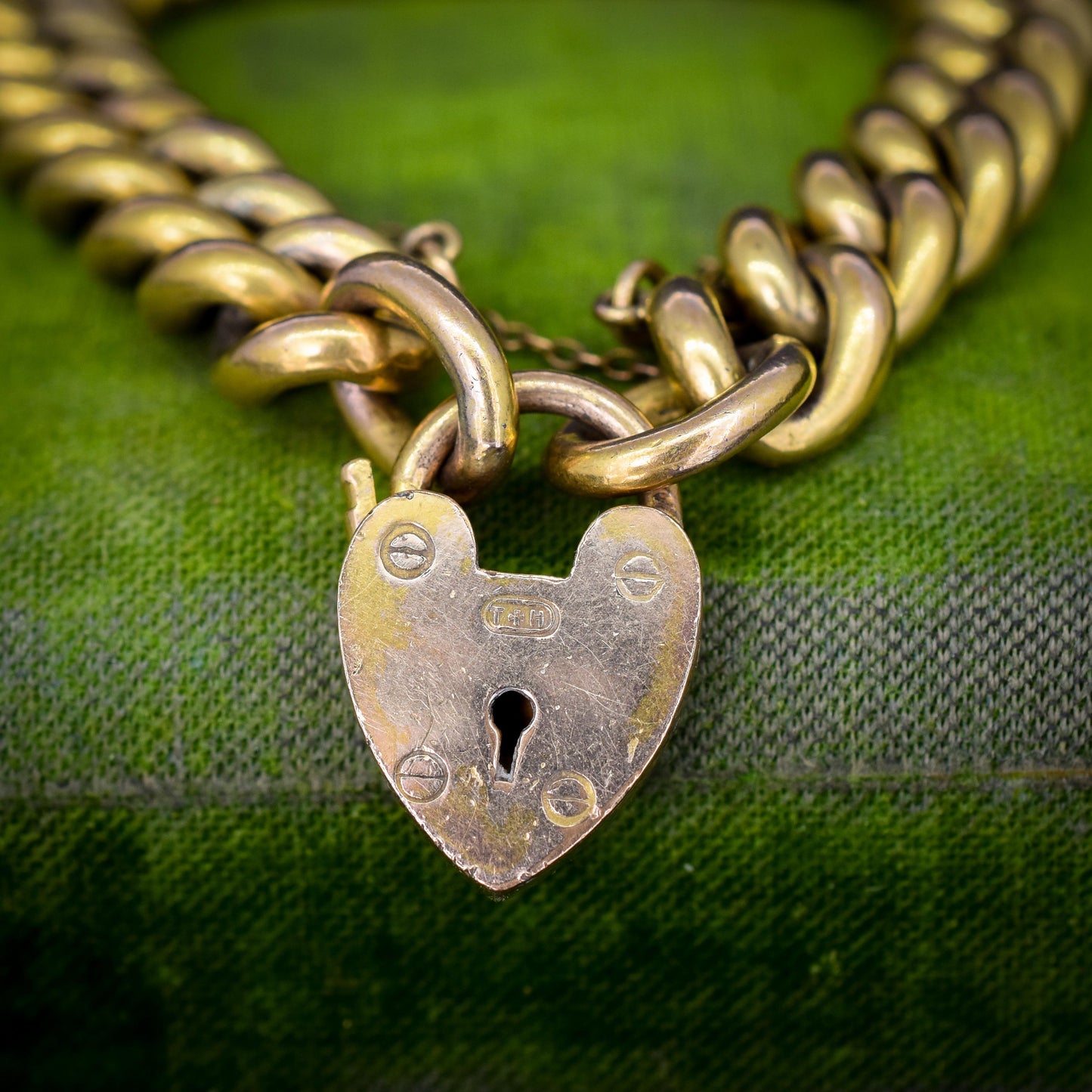 Antique Heart Padlock Curb Link Rolled Gold Bracelet