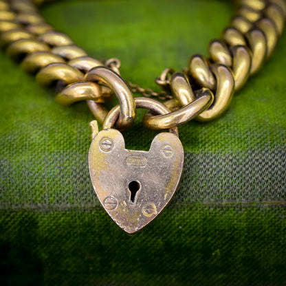 Antique Heart Padlock Curb Link Rolled Gold Bracelet