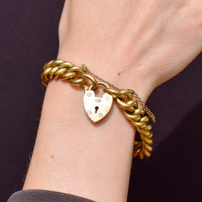 Antique Heart Padlock Curb Link Rolled Gold Bracelet