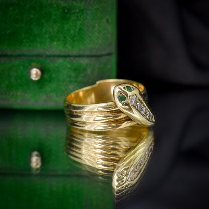 Vintage Diamond and Emerald Snake Serpent 9ct Gold Band Ring | Dated 1990