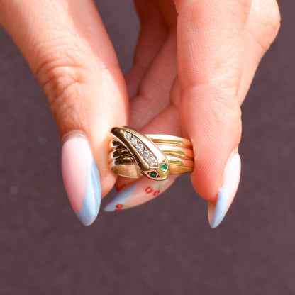 Vintage Diamond and Emerald Snake Serpent 9ct Gold Band Ring | Dated 1990