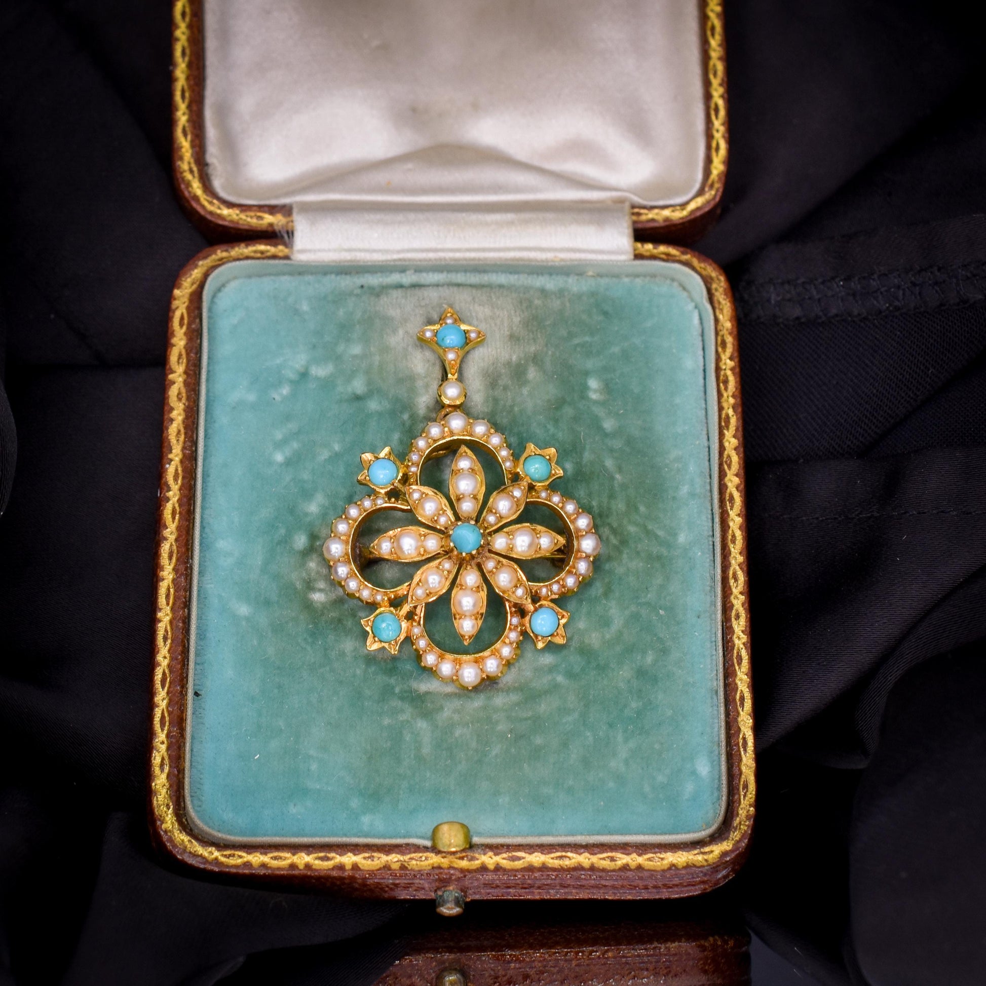 Antique Boxed Turquoise and Pearl 15ct Gold Pendant and Brooch