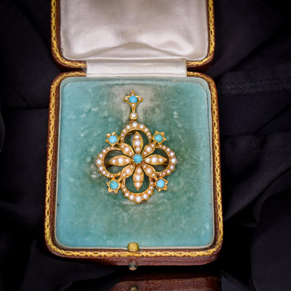 Antique Boxed Turquoise and Pearl 15ct Gold Pendant and Brooch