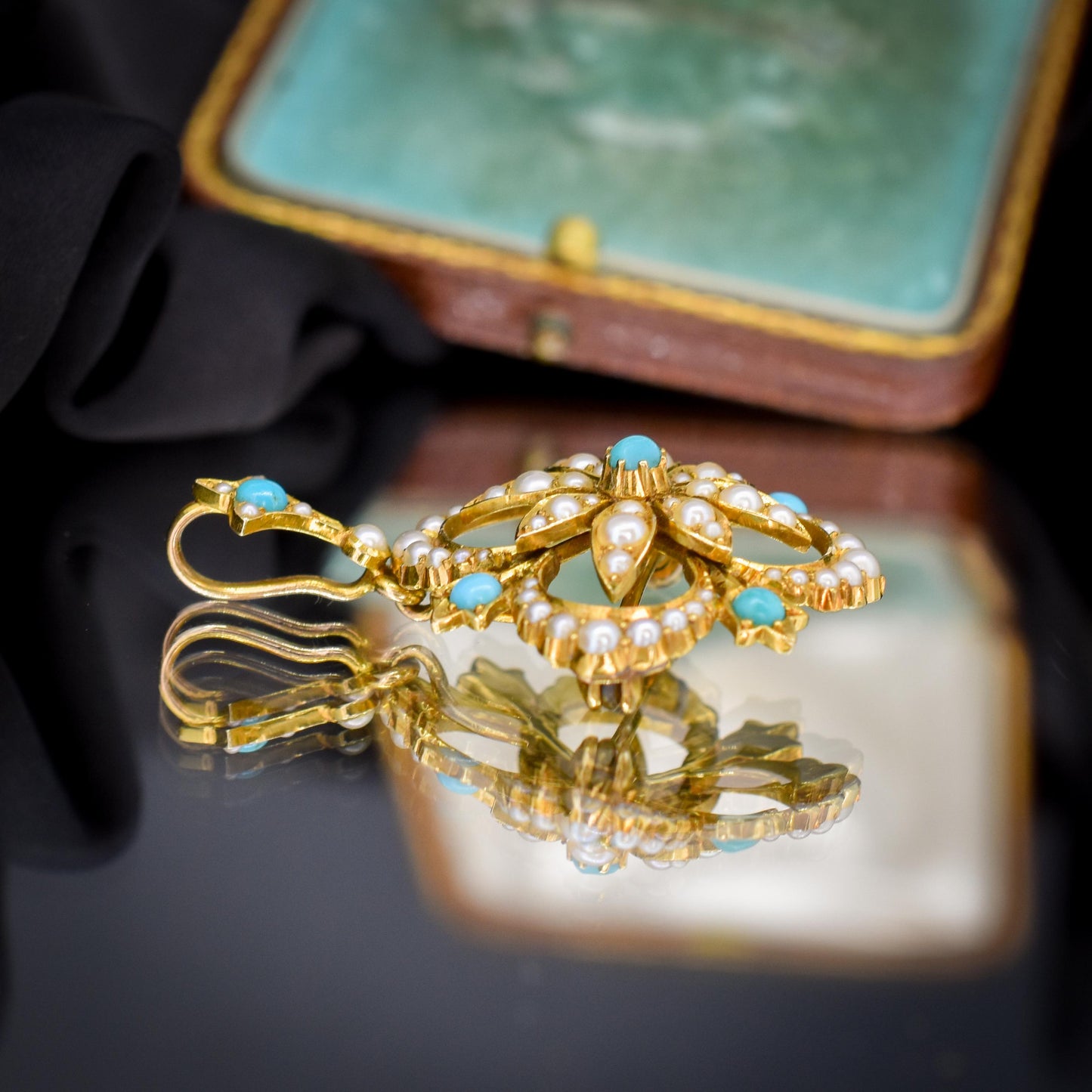Antique Boxed Turquoise and Pearl 15ct Gold Pendant and Brooch