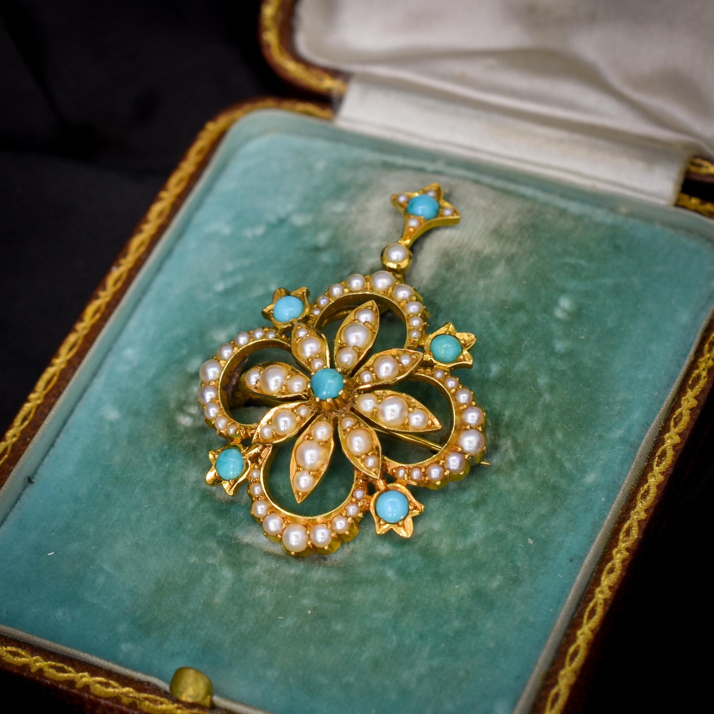 Antique Boxed Turquoise and Pearl 15ct Gold Pendant and Brooch