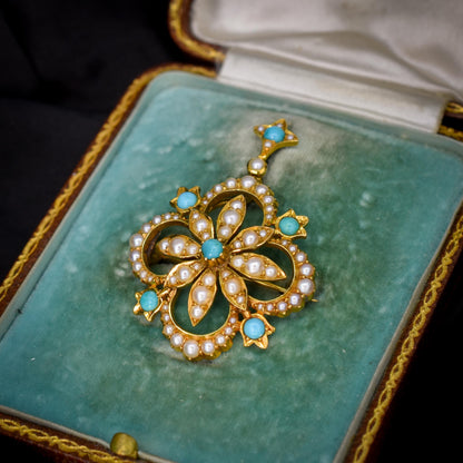 Antique Boxed Turquoise and Pearl 15ct Gold Pendant and Brooch
