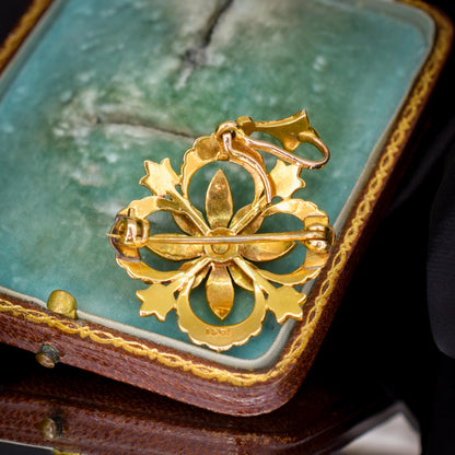 Antique Boxed Turquoise and Pearl 15ct Gold Pendant and Brooch