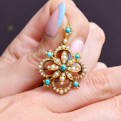 Antique Boxed Turquoise and Pearl 15ct Gold Pendant and Brooch