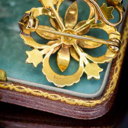 Antique Boxed Turquoise and Pearl 15ct Gold Pendant and Brooch