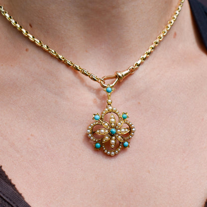 Antique Boxed Turquoise and Pearl 15ct Gold Pendant and Brooch