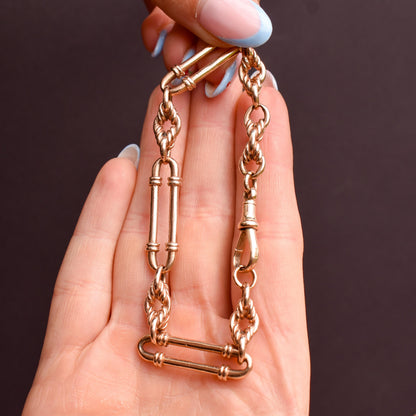 Antique 9ct Gold Heavy Trombone and Love Knot Link Bracelet with Dog Clip 8.25"