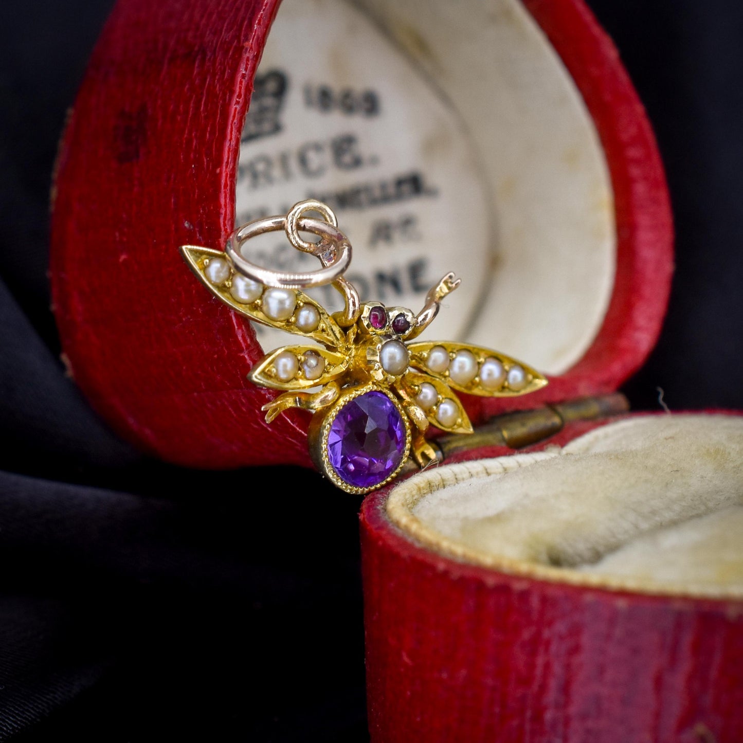 Antique 15ct Gold Amethyst and Pearl Insect Fly Charm Pendant