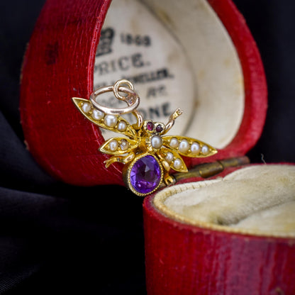 Antique 15ct Gold Amethyst and Pearl Insect Fly Charm Pendant