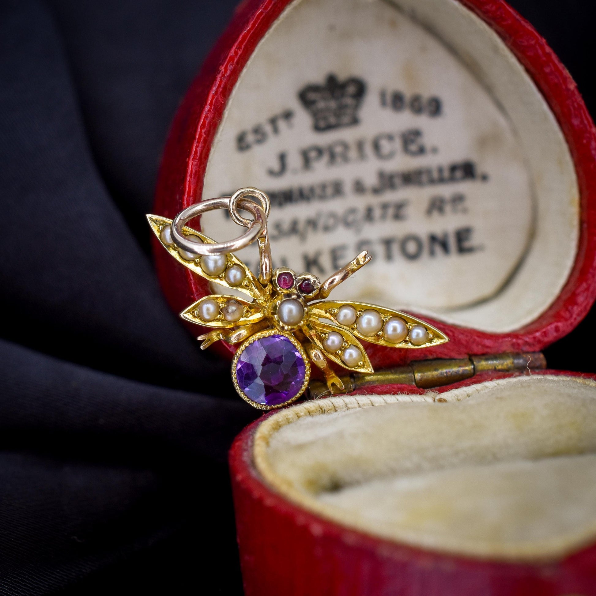 Antique 15ct Gold Amethyst and Pearl Insect Fly Charm Pendant