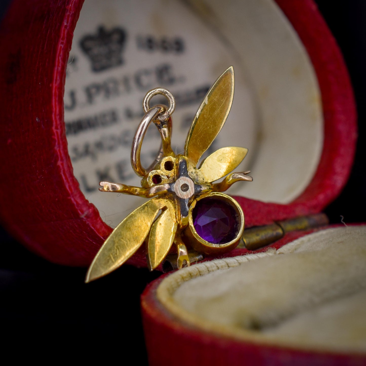 Antique 15ct Gold Amethyst and Pearl Insect Fly Charm Pendant