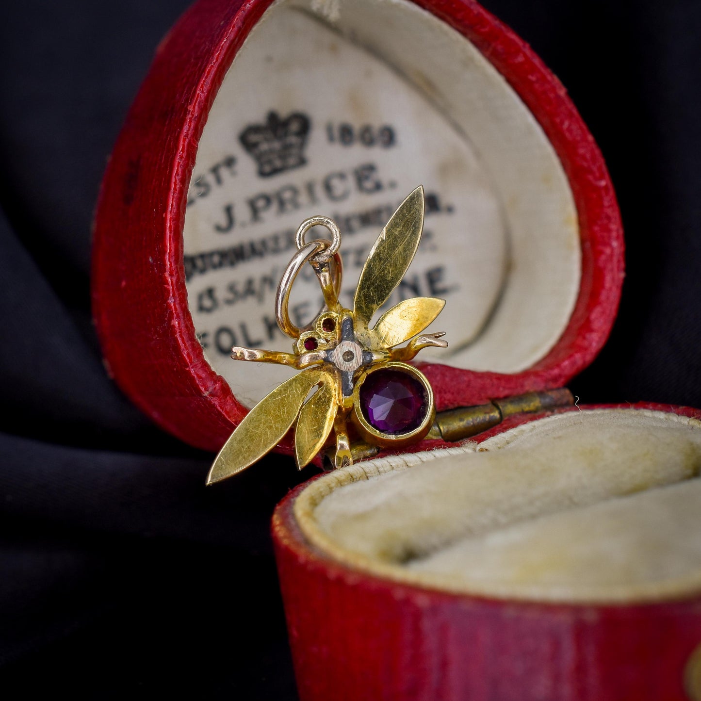 Antique 15ct Gold Amethyst and Pearl Insect Fly Charm Pendant