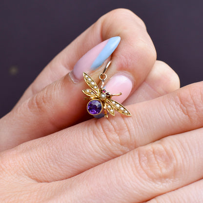 Antique 15ct Gold Amethyst and Pearl Insect Fly Charm Pendant