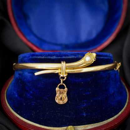 Antique Boxed 15ct Gold Pearl Snake Serpent Bangle Bracelet