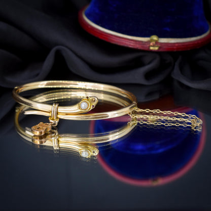 Antique Boxed 15ct Gold Pearl Snake Serpent Bangle Bracelet