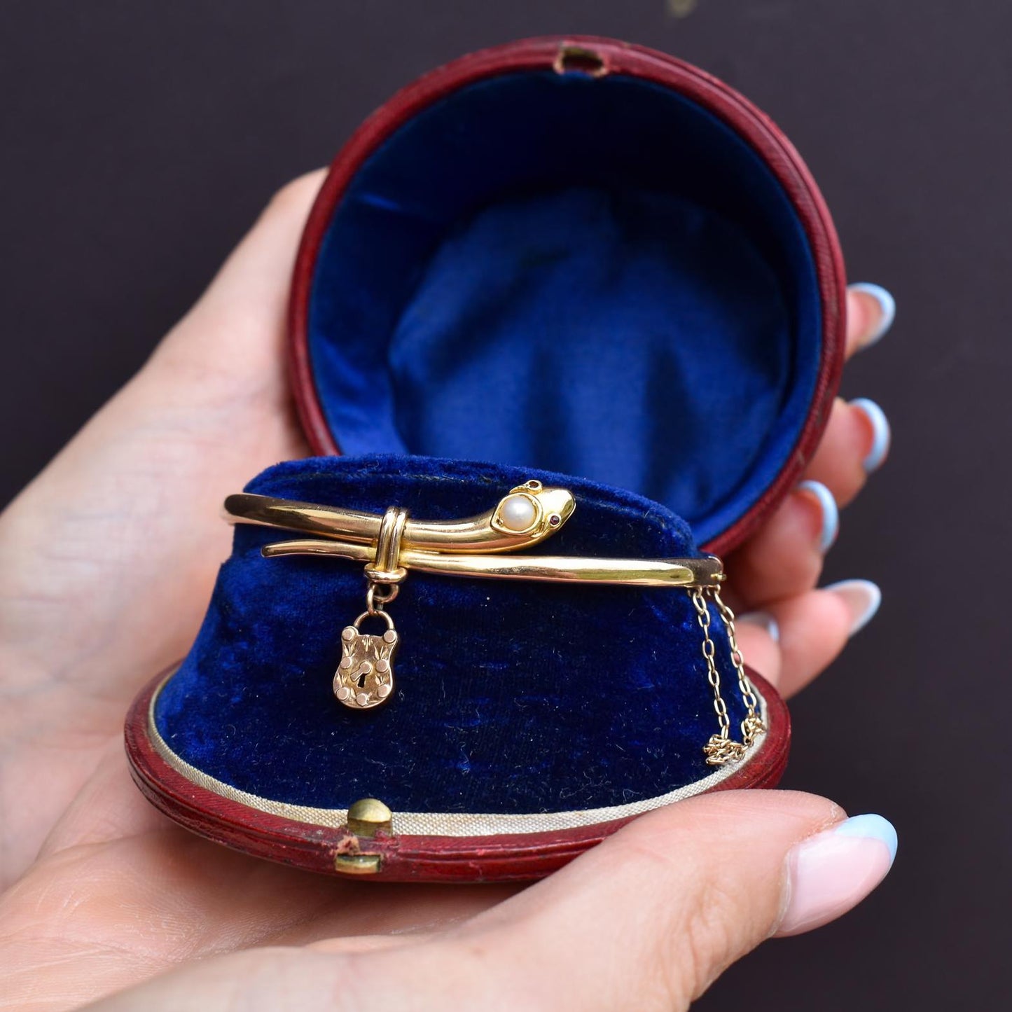 Antique Boxed 15ct Gold Pearl Snake Serpent Bangle Bracelet
